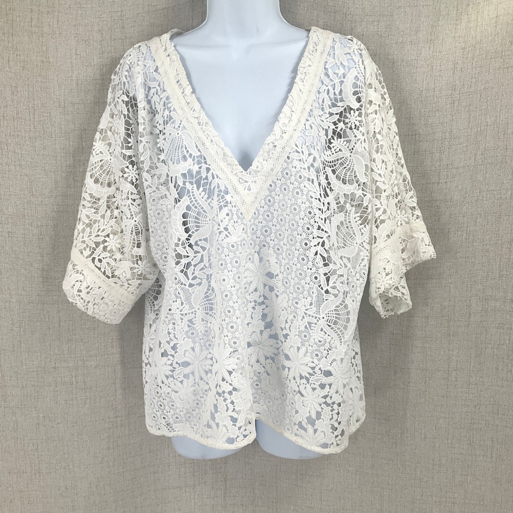 WHBM Lace Top Women XL White Boho Romantic Ethereal Feminine Cottagecore